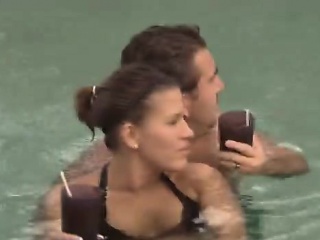 Gorgeous blonde and brunette babes swap couples at the pool