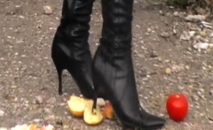 Girls crush food with boots