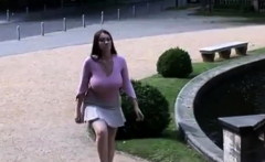 Busty girl walking, no bra, jiggling