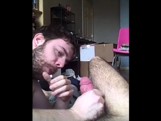 Blowing his buddy in bed and taking the cum load