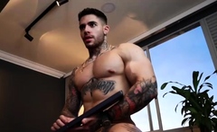 Horny gay hunk solo jerking fun