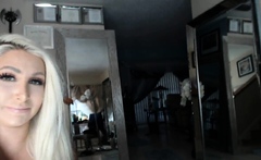 Blonde mature with big boobs masturbates in bed