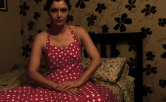 Small tit brunette amateur tugs on a big willie