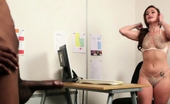 Bossy busty voyeur teases staff member