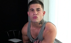 Twink muscle bulk boy flexing with boner
