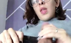 Big tit shemale jerks her long cock