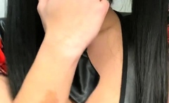 Busty curly brunette with big boobs fucks on couch