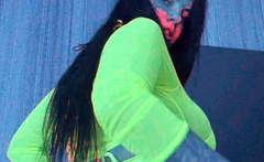 Busty curly brunette with big boobs fucks on couch