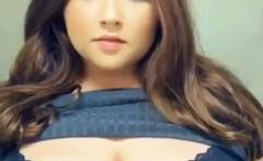 Busty curly brunette with big boobs fucks on couch
